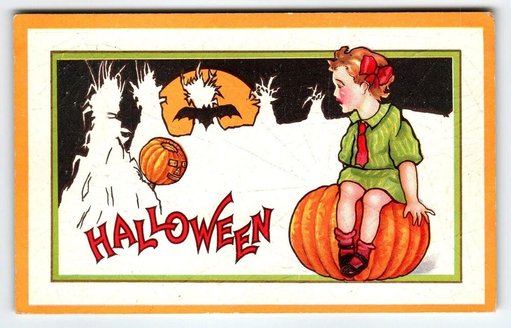 Vintage 1910s Halloween Stecher Webbed Texture Postcard Little Girl Bat JOL